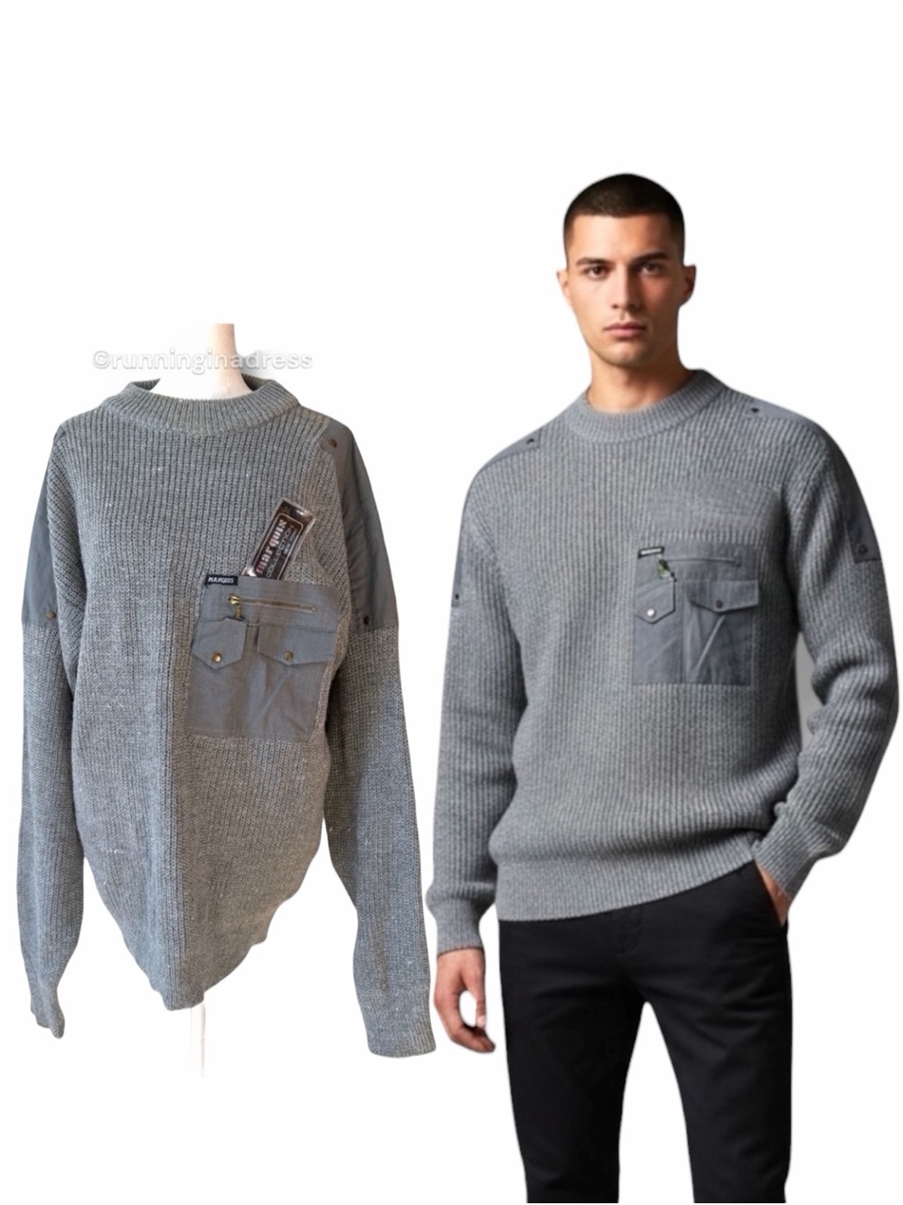 NWT Vintage 90s Marquis NYC Gray Tactical Cargo Commando Utility Sweater Medium